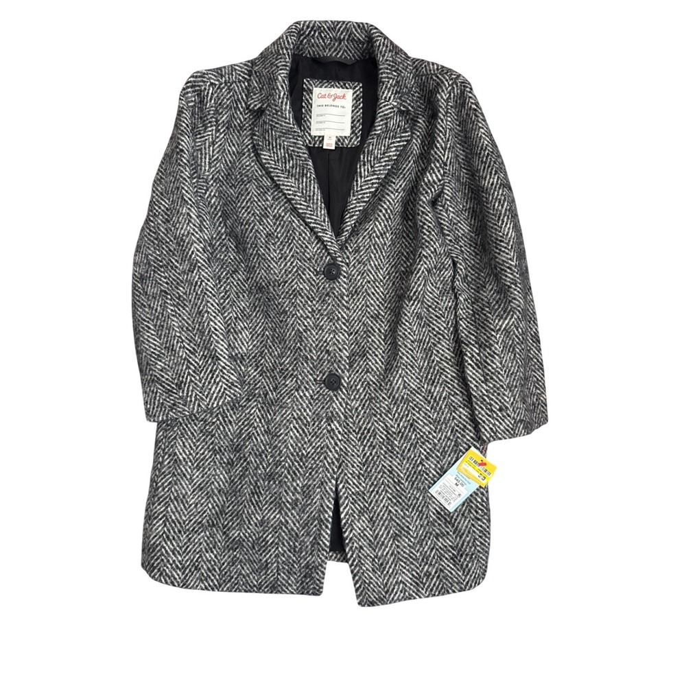 Cat & Jack Girls Faux Wool Herringbone Jacket Black White Size L NWT
